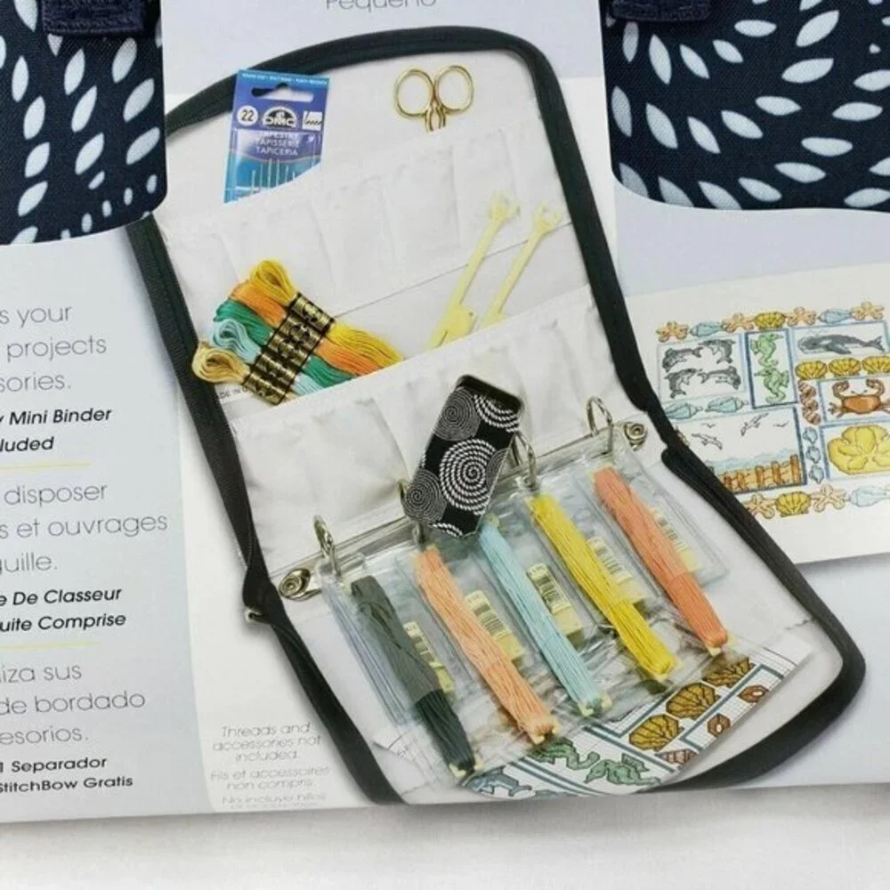DMC Stitchbow Needlework Organizer Travel Bag Dark Navy White Print‎ New
